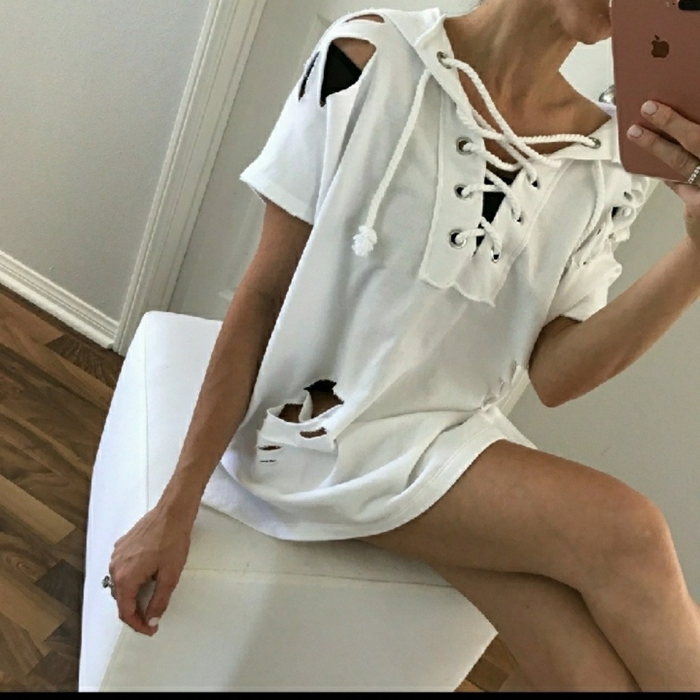 LAST ONE  White Hooded Cover up Top